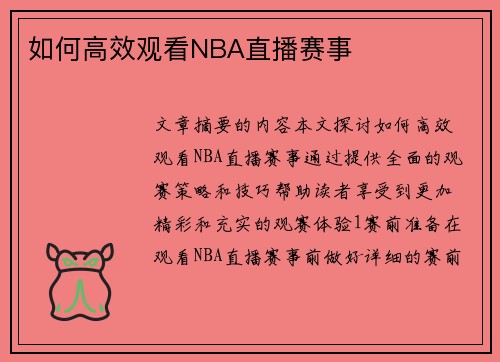 如何高效观看NBA直播赛事